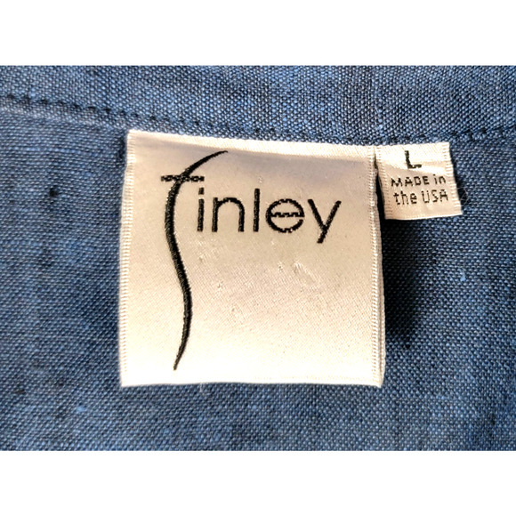 Finley Linen Blue Long Sleeve Frayed Hem Dress Woman's Size Large USA Made Beach - Picture 5 of 8